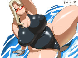 Rule 34 | 1girl, blonde hair, breasts, brown eyes, dated, doomcomic, fat, glasses, highres, huge breasts, thick thighs, solo, swimsuit, thick thighs, thighs, water, wide hips