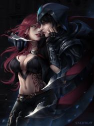 Rule 34 | 1boy, 1girl, 5742fruit, absurdres, armor, assassin, belt buckle, black background, black hair, breasts, buckle, cleavage, fingerless gloves, gloves, green eyes, helmet, highres, jewelry, katarina (league of legends), knife, knife belt, league of legends, lips, long hair, looking at another, makeup, navel, neck ring, provocation, red hair, red lips, short hair, skeleton, smile, spikes, talon (league of legends), tattoo, weapon, yellow eyes
