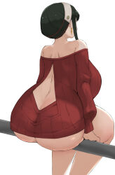Rule 34 | 1girl, ass, ass focus, back, backless outfit, bare shoulders, black hair, breasts, butt crack, curvy, earrings, feet out of frame, female focus, from behind, headband, highres, huge ass, huge breasts, jewelry, long hair, long sleeves, looking ahead, minggoo, open mouth, plump, red eyes, red sweater, short hair with long locks, sideboob, sidelocks, simple background, sitting, solo, spy x family, sweater, white background, wide hips, yor briar
