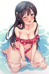 Rule 34 | 1girl, ;d, absurdres, bare legs, bare shoulders, barefoot, between legs, bikini, black hair, blush, breasts, cleavage, collarbone, commentary, earrings, english commentary, floral print, from above, full body, grey eyes, hand between legs, highres, jewelry, linatai, long hair, looking at viewer, love live!, love live! nijigasaki high school idol club, medium breasts, navel, off-shoulder bikini, off shoulder, one eye closed, one side up, open mouth, paid reward available, partially submerged, print bikini, red bikini, side-tie bikini bottom, sidelocks, sitting, smile, solo, star (symbol), star earrings, stomach, swimsuit, wariza, water, white background, yuki setsuna (love live!)