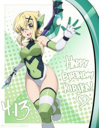 Rule 34 | 1girl, absurdres, akatsuki kirika, blonde hair, breasts, chuunioniika, covered navel, dated, elbow gloves, gloves, green eyes, hair between eyes, hair ornament, happy birthday, highres, leotard, looking at viewer, medium breasts, open mouth, scythe, senki zesshou symphogear, shiny skin, short hair, smile, solo, standing, striped clothes, striped thighhighs, teeth, thighhighs, x hair ornament