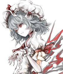 Rule 34 | 1girl, ascot, dress, hat, hat ribbon, mob cap, nail polish, puffy short sleeves, puffy sleeves, red eyes, red nails, remilia scarlet, ribbon, short sleeves, silver hair, solo, touhou, upper body, white dress, yutapon