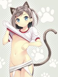 Rule 34 | 10s, 1girl, animal ears, blue eyes, blush, breasts, cat ears, cat tail, clothes lift, clothes pull, fujishiro touma, grey hair, groin, gym uniform, hair ornament, hairclip, halftone, halftone background, hentai ouji to warawanai neko., looking at viewer, navel, nipples, one-piece swimsuit pull, paw pose, paw print, puffy sleeves, school swimsuit, shirt lift, short hair, short sleeves, side ponytail, small breasts, solo, swimsuit, tail, tsutsukakushi tsukiko, uniform