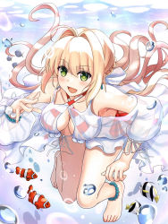 Rule 34 | 1girl, ahoge, air bubble, anklet, bare shoulders, barefoot, bikini, blonde hair, blush, bracelet, breasts, bubble, cleavage, clownfish, criss-cross halter, earrings, fate/grand order, fate (series), feet, fish, full body, green eyes, hair intakes, halterneck, jewelry, knees together feet apart, large breasts, light rays, long hair, long sleeves, nero claudius (fate), nero claudius (fate) (all), nero claudius (swimsuit caster) (fate), nero claudius (swimsuit caster) (third ascension) (fate), see-through, side-tie bikini bottom, solo, striped bikini, striped clothes, submerged, sunbeam, sunlight, swimsuit, toes, tropical fish, underwater, xyomouse