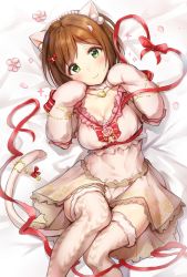 Rule 34 | 10s, 1girl, animal ears, animal hands, breasts, brown hair, cat ears, cat tail, cleavage, dress, from above, gloves, green eyes, idolmaster, idolmaster cinderella girls, lying, maekawa miku, on back, paw gloves, paw pose, short hair, solo, tail, takeashiro, thighhighs, white dress, white thighhighs