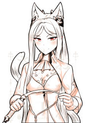 Rule 34 | 1girl, animal ears, animal hood, blush, cat ears, cat hood, cat tail, character request, commentary, cowfee, gloves, glowing, glowing eyes, hood, kemonomimi mode, looking at viewer, nier (series), nier:automata, red eyes, riding crop, simple background, smile, solo, tail, upper body, watermark, white background, commander (nier:automata)