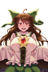 Rule 34 | 1girl, :d, absurdres, ahoge, alternate breast size, arms behind back, backlighting, bird wings, blouse, bow, breasts, brooch, brown hair, cape, chinese commentary, collared shirt, dai tou ben liu, floating hair, frilled sleeves, frills, graphite (medium), green bow, green skirt, hair between eyes, hair bow, highres, jewelry, large breasts, long hair, looking at viewer, open mouth, parted bangs, puffy short sleeves, puffy sleeves, red eyes, reiuji utsuho, shirt, short sleeves, sidelocks, skirt, smile, solo, starry sky print, teeth, touhou, traditional media, upper body, upper teeth only, white cape, white shirt, wings