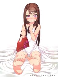 Rule 34 | 1girl, barefoot, bed sheet, blush, brown hair, covering privates, embarrassed, feet, foot focus, foreshortening, full-face blush, gift, highres, incoming gift, long hair, naked sheet, nude, original, outstretched hand, purple eyes, sitting, soles, solo, sweat, swept bangs, toes, utako623, valentine