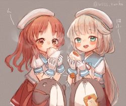 Rule 34 | 2girls, baozi, blue sailor collar, bokukawauso, brown eyes, brown hair, chicken nuggets, commentary request, cowboy shot, drooling, eating, food, frilled sleeves, frills, gloves, green eyes, grey background, grey hair, hat, kantai collection, long hair, low twintails, mikura (kancolle), multiple girls, otter, pleated skirt, puffy short sleeves, puffy sleeves, red skirt, sailor collar, sailor hat, sailor shirt, saliva, shirt, short sleeves, simple background, skirt, thick eyebrows, twintails, twitter username, wavy hair, white gloves, white headwear, white shirt, wss (nicoseiga19993411), yashiro (kancolle)