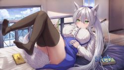 Rule 34 | 1girl, animal ears, bed, black thighhighs, blush, book, borrowed character, bow, breasts, buran (22x), cellphone, center frills, cityscape, commission, dress, feet, fox ears, fox tail, frills, full body, green eyes, grey hair, hair between eyes, hair bow, highres, indoors, knees together feet apart, knees up, large breasts, legs up, long hair, long sleeves, looking at viewer, lying, nail polish, no shoes, on back, original, parted lips, phone, pillow, pink nails, ponytail, sidelocks, skeb commission, slit pupils, smartphone, soles, tail, taut clothes, taut dress, thick thighs, thighhighs, thighs, toes, tsurime, underbust, very long hair, zettai ryouiki