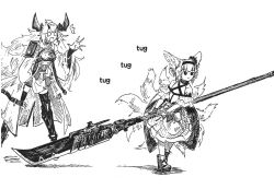 Rule 34 | 2girls, animal ears, ankle boots, arknights, bare shoulders, boots, braid, demon horns, dragging, dress, earpiece, fox ears, fox girl, fox tail, greyscale, hairband, hands up, highres, holding, holding polearm, holding weapon, horns, kitsune, kyuubi, material growth, matoimaru (arknights), monochrome, multiple girls, multiple tails, o o, oripathy lesion (arknights), polearm, shiokaze1409, simple background, sketch, standing, suzuran (arknights), tail, tears, thighhighs, weapon, white background