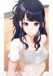 Rule 34 | 1girl, black hair, bra visible through clothes, bralines, breasts, commentary request, highres, hogey nk-2000, idolmaster, idolmaster shiny colors, indoors, kazano hiori, long hair, medium breasts, mole, mole under mouth, parted lips, ponytail, purple eyes, see-through, shirt, short sleeves, solo, sports bra, steaming body, sweat, upper body, wavy mouth, wet, wet clothes, wet shirt, wooden floor