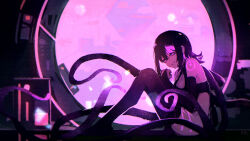 Rule 34 | absurdres, black hair, body markings, commission, commissioner upload, glowing tattoo, highres, looking at viewer, monster girl, multicolored hair, non-web source, original, purple eyes, purple hair, rnna, shoko the alien, shoulder tattoo, sitting, solo, tattoo, tentacles, thighhighs, thighs, window