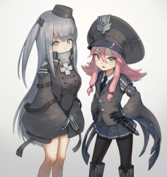 Rule 34 | 2girls, 88 flak (ash arms), arms at sides, ash arms, bad id, bad pixiv id, bolbbangbbang, boots, coat, commentary request, gloves, green eyes, grey hair, hair between eyes, hat, looking at viewer, military, military hat, military uniform, multiple girls, necktie, open mouth, pantyhose, pink hair, simple background, trench coat, uniform, white background