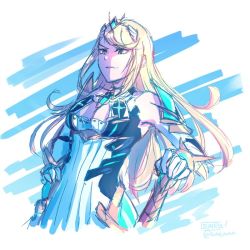 Rule 34 | 1girl, armor, blonde hair, breasts, cleavage, dress, gloves, long hair, mythra (xenoblade), nintendo, smile, solo, sword, weapon, white background, xenoblade chronicles (series), xenoblade chronicles 2, xenoblade chronicles (series), xenoblade chronicles 2, yellow eyes