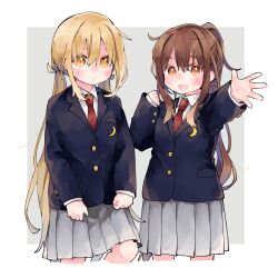 Rule 34 | 2girls, alternate costume, amot 211, blonde hair, brown eyes, brown hair, crescent, crescent pin, highres, jacket, kantai collection, long hair, long sleeves, looking at viewer, low twintails, multiple girls, necktie, ponytail, satsuki (kancolle), school uniform, skirt, standing, twintails, yellow eyes