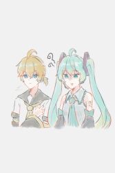 Rule 34 | 1boy, 1girl, ahoge, aqua eyes, aqua necktie, black sailor collar, black sleeves, blonde hair, clenched hand, collared shirt, detached sleeves, grey shirt, hair between eyes, hand on own chest, hatsune miku, headphones, headset, highres, kagamine len, kyarin (c arin1012), long hair, necktie, sailor collar, sailor shirt, serious, shaded face, shirt, short ponytail, short sleeves, sleeveless, sleeveless shirt, squiggle, twintails, very long hair, vocaloid, white shirt, wide sleeves, yellow necktie