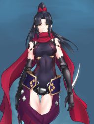 Rule 34 | 1girl, black hair, blue background, breasts, cowboy shot, fate/grand order, fate (series), floating hair, gauntlets, hair ornament, high ponytail, highres, hikichi sakuya, katou danzou (fate), leotard, long hair, medium breasts, red scarf, scarf, simple background, smile, solo, standing, very long hair, yellow eyes