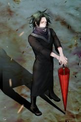 Rule 34 | 1boy, black hair, coat, covered mouth, feitan portor, from above, highres, holding, holding umbrella, holding weapon, hunter x hunter, male focus, red umbrella, salgu, solo, umbrella, weapon