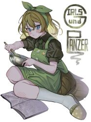 Rule 34 | 1girl, andou (girls und panzer), blonde hair, blue eyes, blush, book, closed mouth, commentary request, copyright name, dress shirt, flats, flour, girls und panzer, hair ribbon, highres, holding, looking at viewer, machishita atake, medium hair, messy hair, mixing, mixing bowl, necktie, open book, pleated skirt, puffy short sleeves, puffy sleeves, ribbon, shirt, short sleeves, simple background, skirt, solo, striped necktie, white background