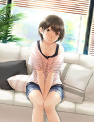 Rule 34 | 1girl, bad id, bad pixiv id, blouse, blush, brown eyes, brown hair, collarbone, couch, cushion, head tilt, indoors, looking at viewer, nayuta69, original, pillow, plant, shirt, short hair, short sleeves, shorts, sitting, smile, solo, striped clothes, striped shirt, tank top, v arms, white upholstery, window, window blinds