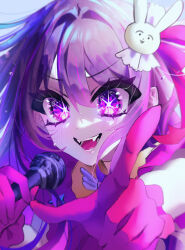 Rule 34 | 1girl, absurdres, blush, commentary, dress, fangs, film grain, floating hair, frilled dress, frilled gloves, frills, gloves, hair between eyes, hair ornament, hair ribbon, highres, holding, holding microphone, hoshino ai, idol, idol clothes, long hair, looking at viewer, microphone, motion blur, nameko (nameko umai555), open mouth, oshi no ko, pink dress, pink gloves, pink ribbon, pointing, pointing at viewer, purple eyes, purple hair, rabbit hair ornament, ribbon, sidelocks, smile, solo, star-shaped pupils, star (symbol), sweat, symbol-shaped pupils, teeth, upper body