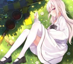 Rule 34 | 1girl, animal, black bow, black footwear, blush, bow, collared dress, commentary request, day, dress, enuni, flower, grass, hair between eyes, highres, long hair, long sleeves, lying, on grass, on side, original, outdoors, parted lips, puffy long sleeves, puffy sleeves, railroad crossing, red eyes, shoes, silver hair, solo, squirrel, thighhighs, very long hair, white dress, white flower, white thighhighs