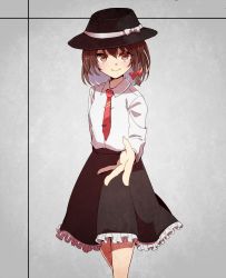 Rule 34 | 1girl, aoi (annbi), blouse, brown eyes, brown hair, hair ribbon, hat, highres, looking at viewer, necktie, outstretched hand, ribbon, shirt, short hair, skirt, smile, solo, touhou, usami renko