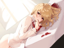 1girl, bangs, blonde hair, blood, bottomless, bright pupils, collared shirt, commentary request, cowboy shot, dutch angle, eyebrows visible through hair, finger in mouth, hair ribbon, hair spread out, highres, indoors, light blush, looking at viewer, lumo 1121, lying, medium hair, necktie, on side, red eyes, red neckwear, red ribbon, ribbon, rumia, shirt, solo, swept bangs, thighs, touhou, white curtains, white shirt, window