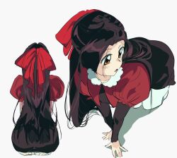 Rule 34 | 1girl, akkasayu, all fours, black shirt, black skirt, bow, brown eyes, brown hair, grey background, hair bow, long hair, long sleeves, looking to the side, multiple views, open mouth, original, pantyhose, red bow, red shirt, sayuri (akkasayu), shadow, shirt, skirt, very long hair, white pantyhose