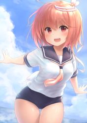 Rule 34 | 1girl, ahoge, blue sky, blush, cloud, collarbone, commentary request, day, hair between eyes, hair ornament, highres, i-58 (kancolle), kantai collection, looking at viewer, neckerchief, ocean, one-piece swimsuit, open mouth, outdoors, pink hair, red eyes, school swimsuit, school uniform, serafuku, short hair, sky, smile, solo, swimsuit, swimsuit under clothes, thighs, wamu (chartreuse), water