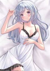 Rule 34 | 1girl, bare shoulders, bed sheet, black bow, blush, bow, breasts, cleavage, collarbone, commentary request, commission, corrupted twitter file, dress, frilled dress, frills, grey hair, hand on own stomach, hand up, highres, indie virtual youtuber, kohinata natsume, leg up, long hair, looking at viewer, lying, medium breasts, mole, mole under eye, nakaji (user snap3353), on back, second-party source, skeb commission, smile, solo, swept bangs, virtual youtuber, white dress