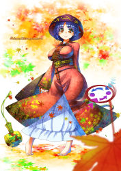 Rule 34 | 1girl, arms behind back, barefoot, bowl, breasts, floral print, japanese clothes, kimono, large breasts, looking at viewer, mallet, obi, purple hair, red eyes, red kimono, sash, short hair, sleeves past wrists, smile, solo, standing, sukuna shinmyoumaru, touhou, umigarasu (kitsune1963), wide sleeves