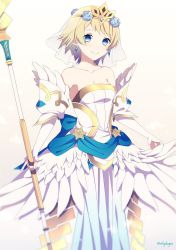 Rule 34 | 1girl, bad id, bad twitter id, blonde hair, blue eyes, bride, crml orng, crown, dress, earrings, feather trim, fire emblem, fire emblem heroes, fjorm (fire emblem), flower, hair flower, hair ornament, highres, holding, holding staff, jewelry, nintendo, short hair, simple background, solo, staff, strapless, strapless dress, twitter username, veil, wedding dress, white background, white dress