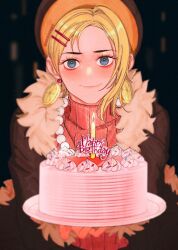 Rule 34 | 1girl, blonde hair, cake, candle, candlelight, coat, commentary, commission, dark background, earrings, english commentary, food, food-themed earrings, food themed earrings, fur-trimmed coat, fur trim, happy birthday, hat, highres, holding, holding plate, jewelry, lemon earrings, looking at viewer, makeup, mascara, miss valentine, mygiorni, one piece, plate, sidelocks, smile, solo, strawberry shortcake, sweater, turtleneck, turtleneck sweater, upper body, vertical-striped sweater