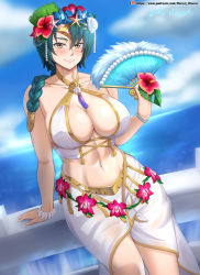 Rule 34 | 1girl, abs, absurdres, arm support, bikini, blue hair, blush, braid, breasts, brown eyes, cleavage, closed mouth, day, female focus, fire emblem, fire emblem heroes, flower, hand fan, highres, large breasts, lips, looking at viewer, medium hair, navel, nintendo, ocean, official alternate costume, outdoors, patreon logo, patreon username, sarong, single braid, smile, solo, stomach, swimsuit, thighs, thorr (fire emblem), vilde loh hocen, watermark, web address, white bikini