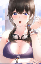Rule 34 | 1girl, arm garter, bare shoulders, blue eyes, breasts, brown hair, check commentary, cleavage, collarbone, commentary request, dice, goggles, goggles around neck, hair ornament, hairclip, hand up, highres, kfr, large breasts, long hair, looking at viewer, mole, mole on breast, open mouth, original, smile, solo, swimsuit, upper body, water, wet