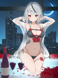 Rule 34 | 1girl, alcohol, arms up, bananafish1111, bikini, black bikini, black hair, blush, bottle, bow, breasts, cityscape, cleavage, closed mouth, cup, drinking glass, flower, grey hair, hair ornament, hairclip, halterneck, hand in own hair, heart o-ring, highres, hololive, long sleeves, looking at viewer, medium breasts, multicolored hair, navel, open clothes, open shirt, petals, pool, red bow, red eyes, red flower, red rose, rose, rose petals, sakamata chloe, see-through, see-through shirt, side-tie bikini bottom, sitting, solo, stomach, streaked hair, string bikini, swimsuit, thigh strap, thighs, virtual youtuber, window, wine, wine bottle, x hair ornament