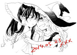 Rule 34 | 2girls, :d, ascot, blush, bow, braid, clothes pull, commentary, couple, dated, forehead-to-forehead, hair bow, hakurei reimu, hat, heads together, hug, hug from behind, imminent kiss, kirisame marisa, long hair, monochrome, multiple girls, noses touching, open mouth, shared hat, single braid, smile, touhou, undressing, wavy hair, witch hat, yonu (yonurime), yuri
