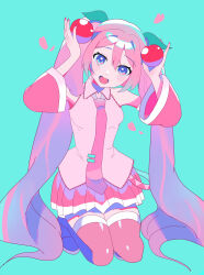 Rule 34 | 1girl, absurdres, blue background, blush, boots, cherry, cherry blossoms, cherry hair ornament, commentary, detached sleeves, falling petals, food, food-themed hair ornament, fruit, hair between eyes, hair ornament, hatsune miku, highres, kneeling, long hair, looking at viewer, necktie, open mouth, petals, pink eyes, pink hair, pink nails, sakura miku, shirt, skirt, sleeveless, smile, solo, sugarmonaka, thighhighs, twintails, very long hair, vocaloid