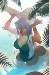 Rule 34 | 1girl, absurdres, animal ears, body fur, bracelet, breasts, choker, cleavage, female focus, fox ears, fox tail, furry, furry female, green eyes, green one-piece swimsuit, half-closed eyes, halterneck, hat, highres, jewelry, large breasts, long hair, one-piece swimsuit, open mouth, original, palm leaf, parted hair, partially submerged, purple hair, removing headwear, solo, straw hat, swimsuit, tail, wading, water, wo xuyao jiashui