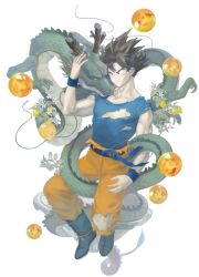 Rule 34 | 1boy, animal, black eyes, black hair, boots, commentary request, dougi, dragon, dragon ball, dragon ball (object), dragon ball super, dragonball z, fingernails, floating, flower, full body, highres, leaf, looking away, male focus, petting, shenron (dragon ball), short hair, simple background, smile, son goku, spiked hair, torn clothes, white background, white flower, wristband