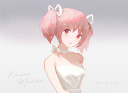 Rule 34 | 1girl, alternate costume, arms at sides, bare arms, bare shoulders, breasts, character name, choker, chromatic aberration, collarbone, dress, eyelashes, grey background, hair ribbon, head tilt, kaname madoka, lace, lace-trimmed dress, lace trim, light blush, light smile, looking at viewer, mahou shoujo madoka magica, mahou shoujo madoka magica (anime), parted lips, pink eyes, pink hair, ribbon, ribbon choker, shade, short twintails, simple background, small breasts, solo, strapless, strapless dress, sukero, tareme, twintails, upper body, white choker, white dress, white ribbon