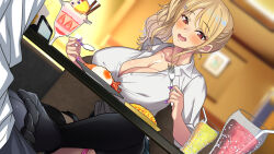 Rule 34 | 1girl, blonde hair, blurry, blurry background, blush, breasts, bulge, cleavage, dessert, dutch angle, eating, ecchi na gal ni sasowarete, erection, erection under clothes, food, footjob, fork, from below, gyaru, hayashi cherry, highres, holding, indoors, large breasts, legs, light blush, long hair, nail polish, open mouth, original, red eyes, school uniform, side ponytail, sitting, skirt, smile, spoon, table, thighhighs, thighs