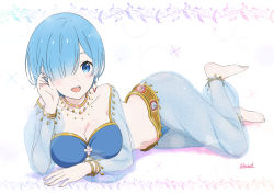 Rule 34 | 1girl, :d, anklet, barefoot, blue eyes, blue hair, blue pants, blue sleeves, bracelet, breasts, cleavage, collarbone, hair over one eye, twirling hair, harem outfit, harem pants, highres, jewelry, large breasts, long sleeves, lying, midriff, navel, official art, on side, open mouth, pants, re:zero kara hajimeru isekai seikatsu, rem (re:zero), see-through, see-through pants, see-through sleeves, shiima, short hair, signature, smile, solo, stomach, white background