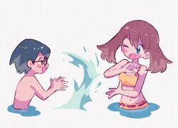 Rule 34 | 1boy, 1girl, bikini, black hair, blue eyes, blush stickers, brother and sister, brown eyes, brown hair, child, creatures (company), from side, game freak, glasses, grey background, hands up, heart, in water, max (pokemon), may (pokemon), medium hair, mgomurainu, nintendo, official alternate costume, one eye closed, open mouth, pokemon, pokemon (anime), pokemon rse (anime), short hair, siblings, sidelocks, simple background, smile, splashing, swimsuit, topless male, upper body, water, yellow bikini