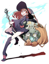 Rule 34 | 10s, 3girls, absurdres, belt, boots, broom, broom riding, brown hair, clothes lift, dress, glasses, hair over one eye, hat, highres, kagari atsuko, little witch academia, long hair, lotte jansson, multiple girls, open mouth, orange hair, purple hair, red eyes, short hair, skirt, skirt lift, smile, solo focus, sucy manbavaran, tansuke, tnsk, wand, witch, witch hat