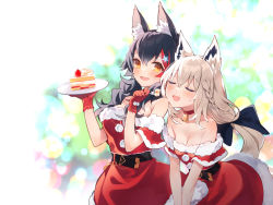 Rule 34 | 2girls, :d, animal ear fluff, animal ears, bell, black hair, braid, breasts, brown eyes, cake, cake slice, choker, commentary, commentary request, deany, dress, food, fork, fox ears, fur-trimmed dress, fur trim, gloves, hair between eyes, hair ornament, highres, holding, holding fork, holding plate, hololive, long hair, looking at another, medium breasts, multicolored hair, multiple girls, neck bell, ookami mio, open mouth, plate, red choker, red dress, red gloves, red hair, shirakami fubuki, short sleeves, sideways glance, smile, streaked hair, symbol-only commentary, v arms, virtual youtuber, white hair, wolf ears