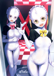 Rule 34 | 2girls, :d, bodysuit, bow, breasts, checkered ceiling, checkered floor, commentary request, cowboy shot, doorway, hand up, head tilt, highres, looking at viewer, mask, medium breasts, multiple girls, open mouth, original, pink bow, pink neckwear, puffy short sleeves, puffy sleeves, purinpu, purple eyes, short sleeves, smile, white bodysuit, yellow bow, yellow eyes, yellow neckwear, zentai