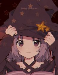 Rule 34 | 1girl, adjusting clothes, adjusting headwear, black hat, boyano, closed mouth, facing viewer, hands up, happy halloween, hat, long hair, looking at viewer, magia record: mahou shoujo madoka magica gaiden, mahou shoujo madoka magica, misono karin, portrait, purple eyes, purple hair, solo, star (symbol), witch hat